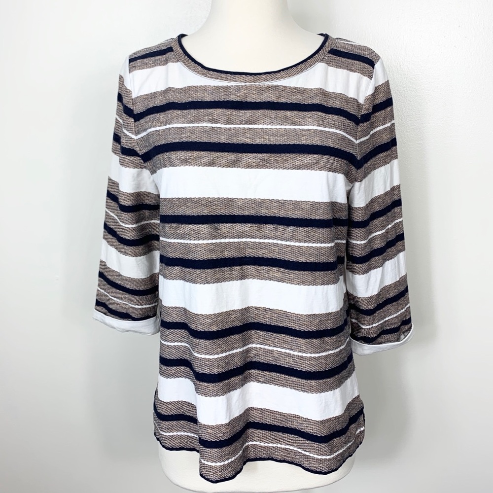 {J Crew} Striped Reverse Jacquard 3/4 Sleeve Top
